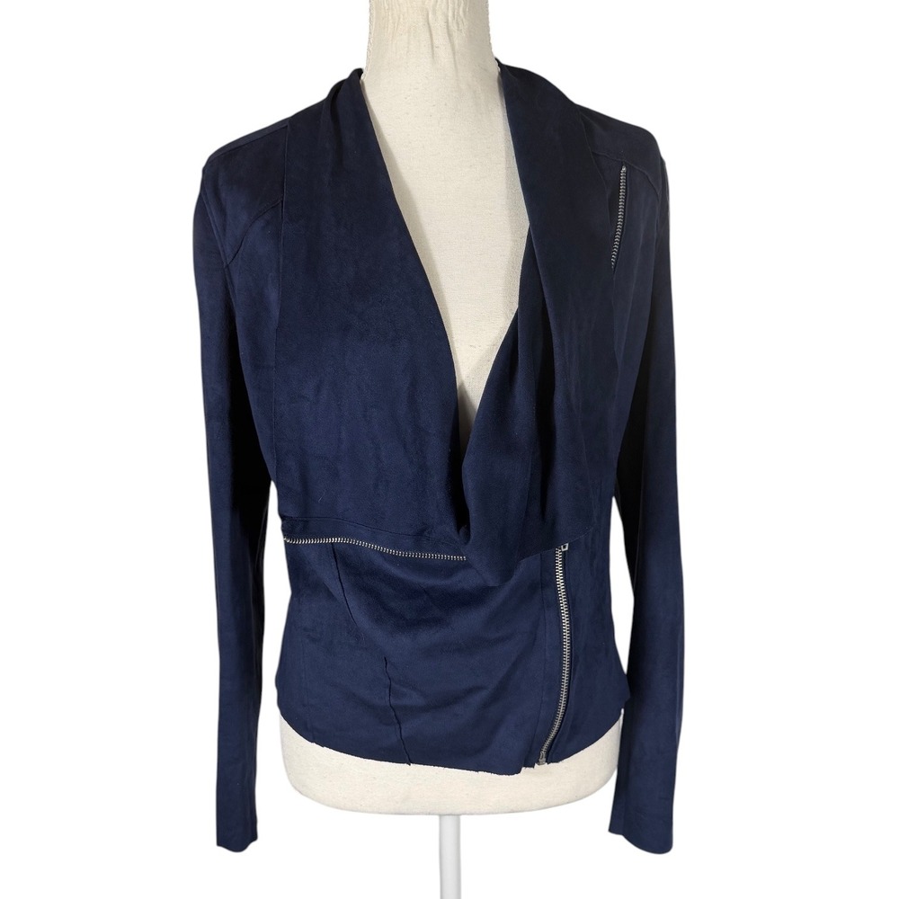 BLANKNYC Faux Suede Jacket Womens Small Navy Blue Drape Front Moto Zip